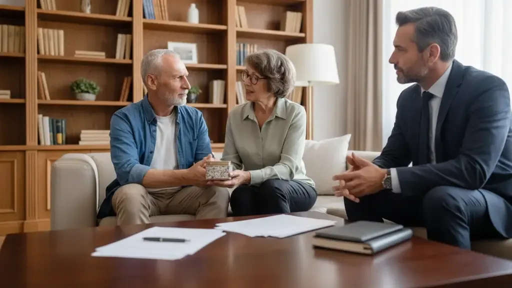 Couple discussing charitable remainder trust and family legacy goals with a financial planner