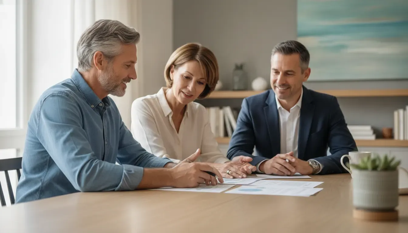 Business owner and spouse reviewing retirement planning choices with a financial planner