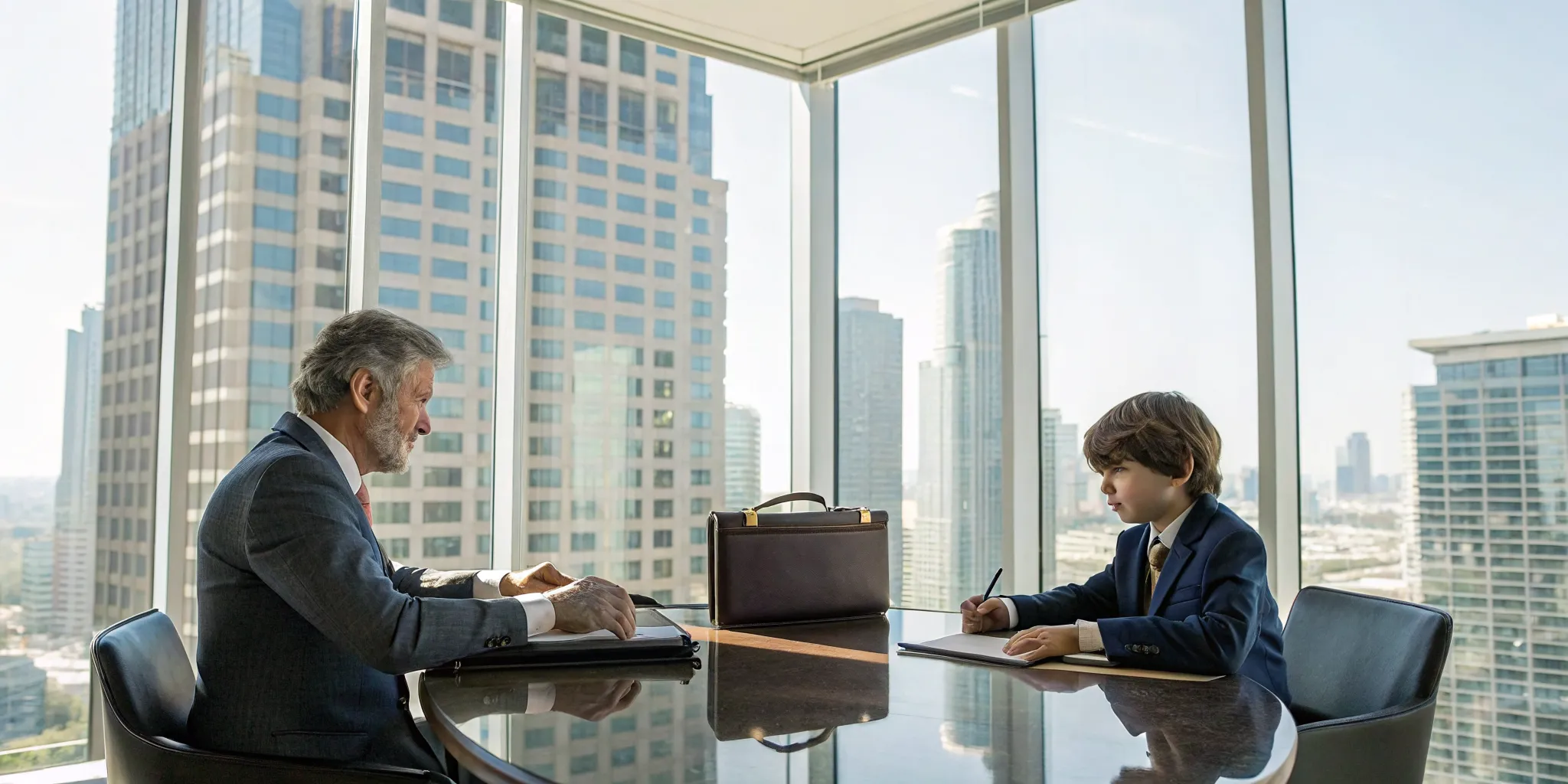 An older man teaches a young boy how to transfer wealth to the next generation.