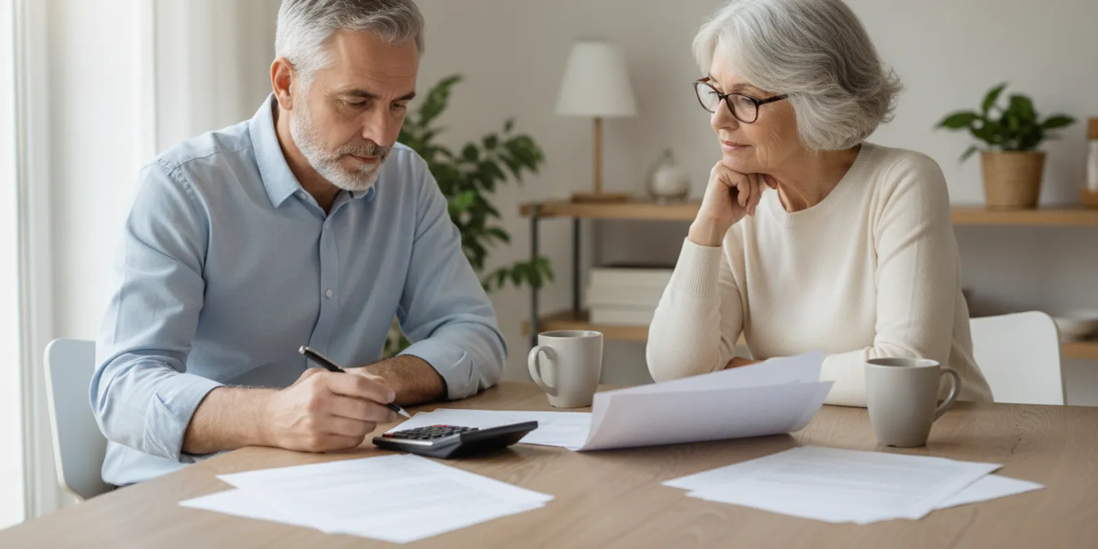 Retired couple reviewing Medicare and Social Security documents at a home table