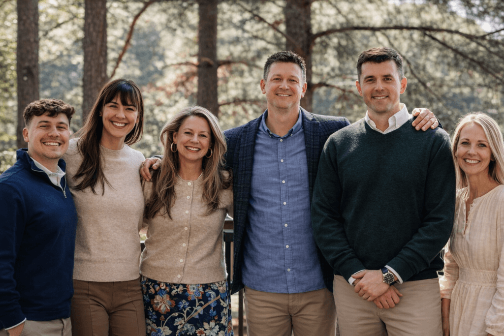 The Integrative Planning team standing together on a wooded deck