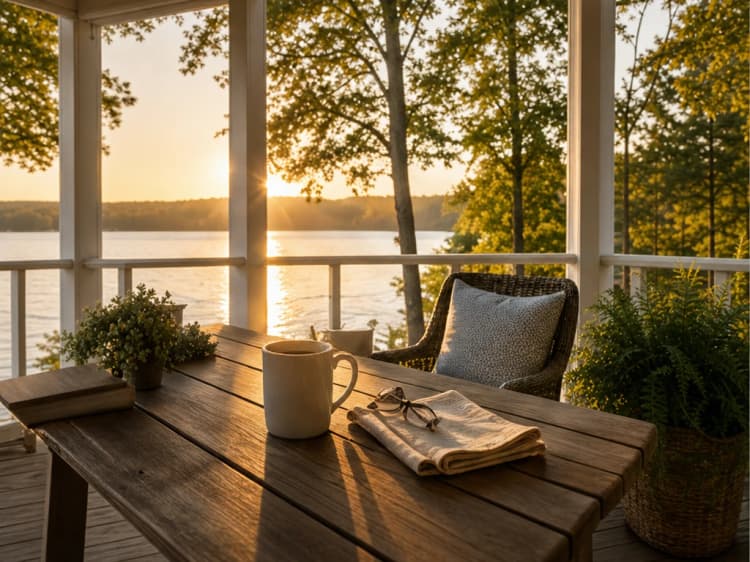 A retiree reading on a sunlit porch overlooking the lake