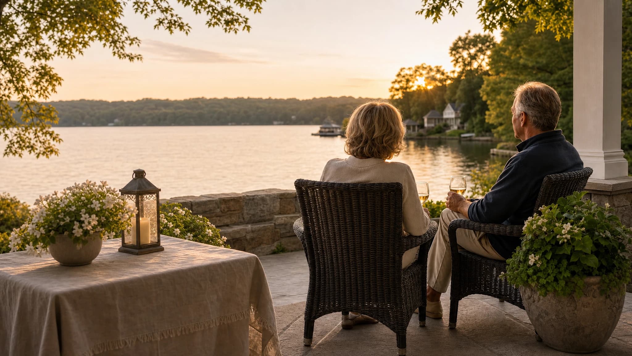 A couple relaxing together on a lakeside deck in warm evening light