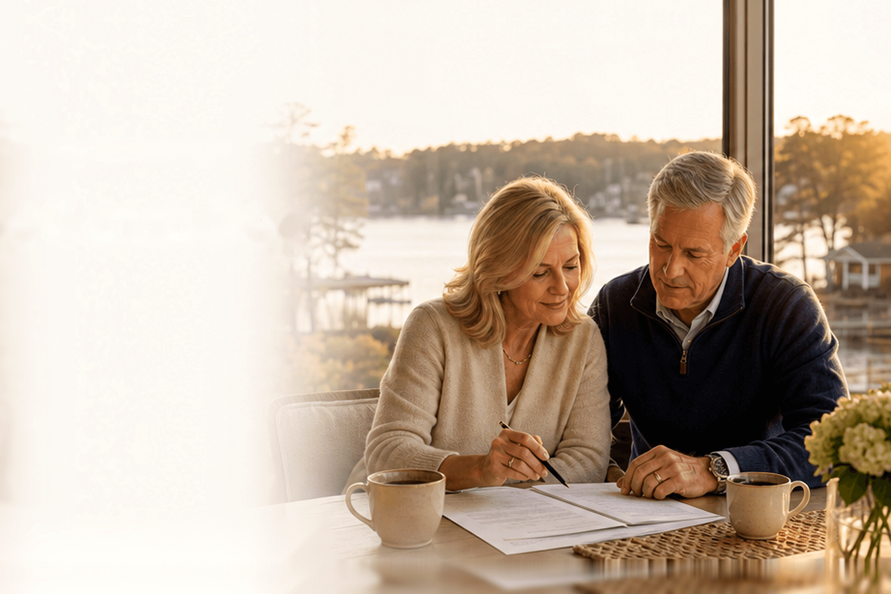 A couple working through their spending plan together at a warm kitchen table