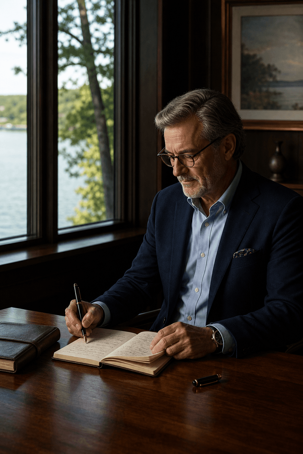 An established small-business owner reviewing a handwritten plan beside the lake