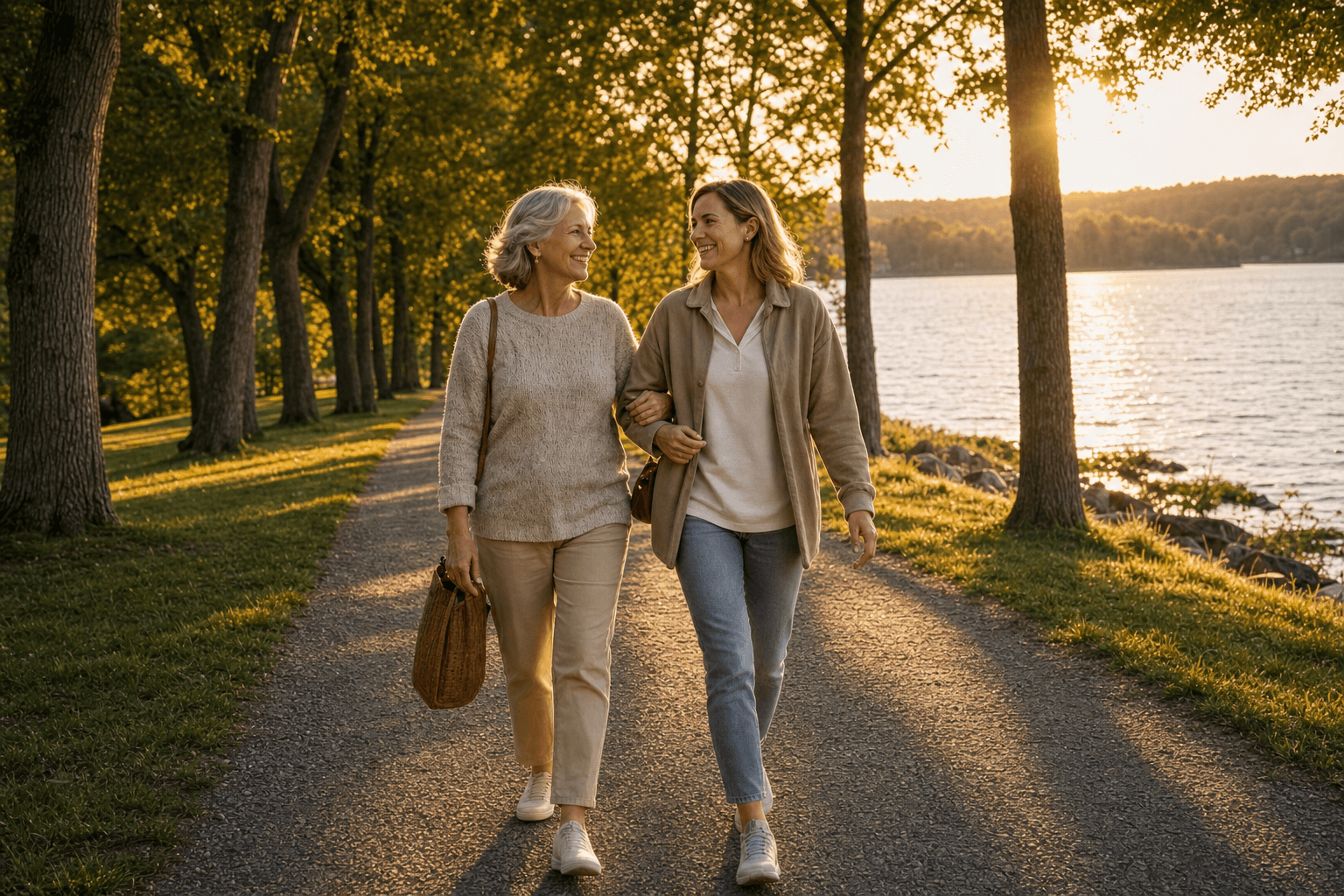 Two women walking together beside the lake