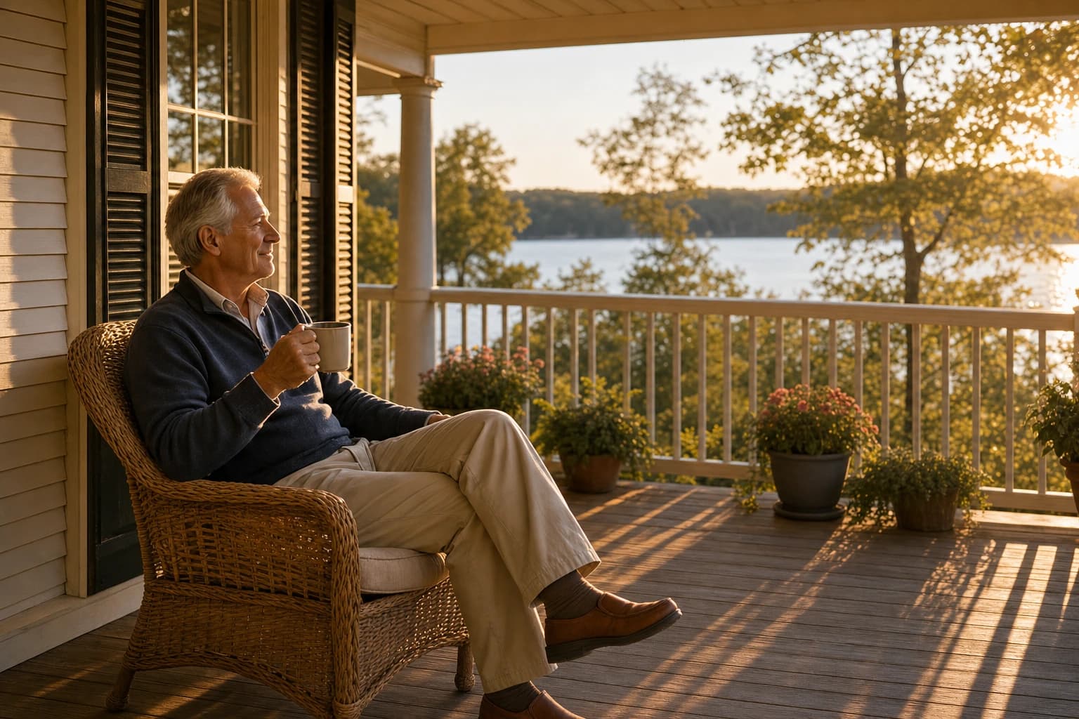 A retiree enjoying a quiet morning on a lakeside porch