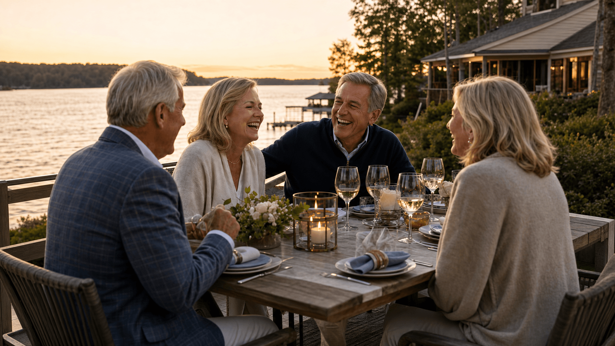 Family and friends gathered for dinner beside the lake
