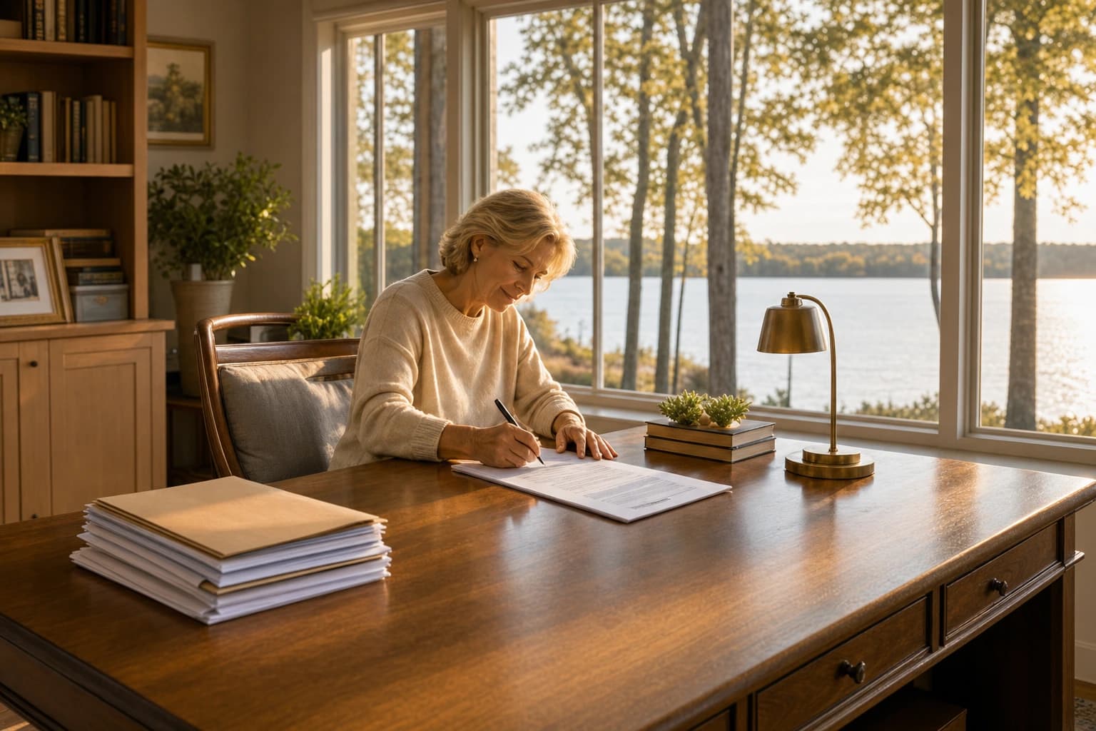 A woman reviewing planning documents at a lakeside desk