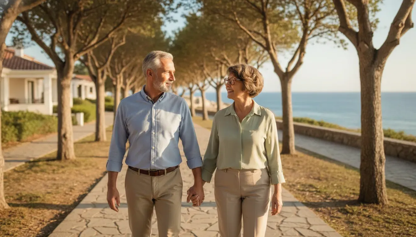 Retired couple walking together while discussing a resilient retirement income plan