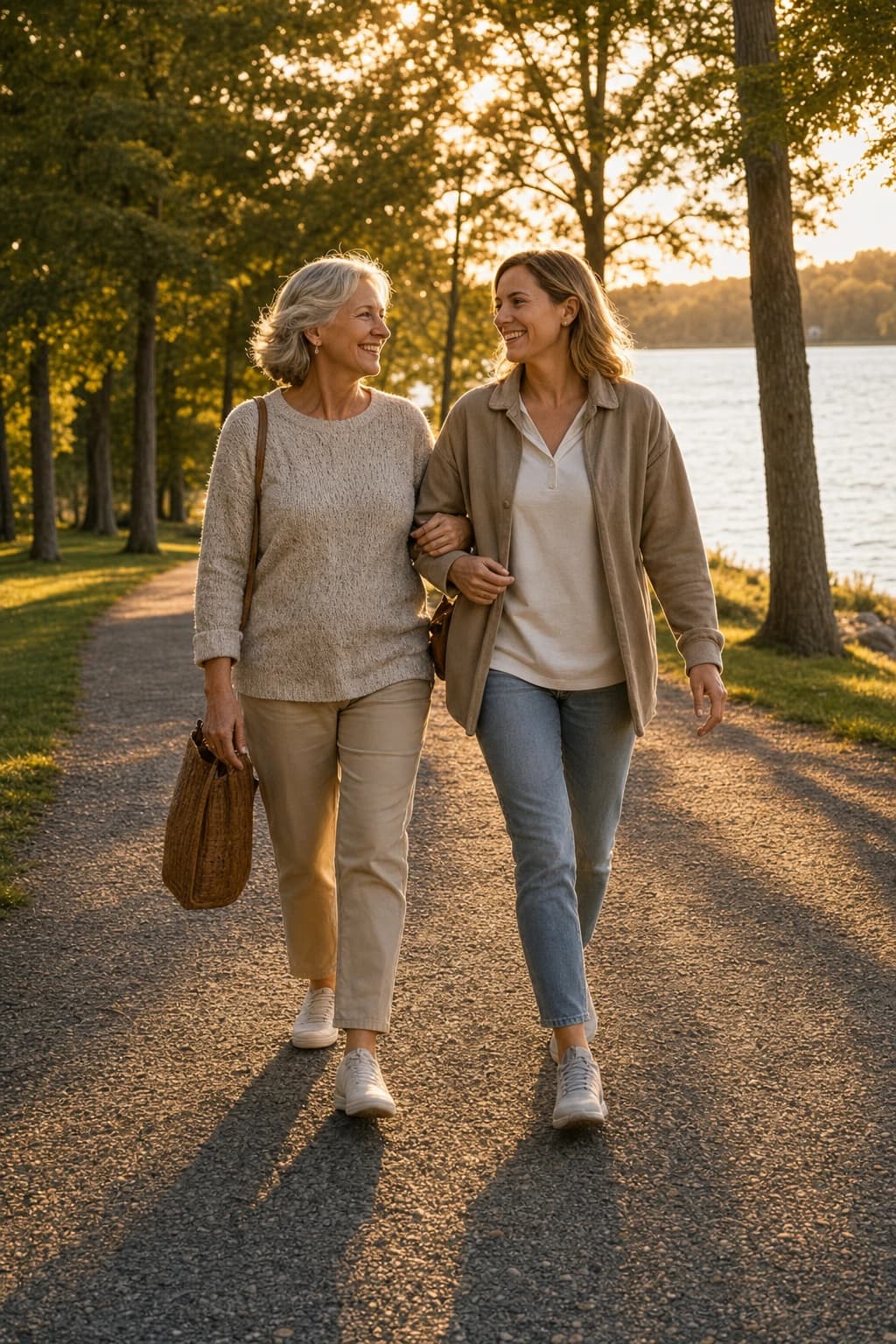 An older woman walking a lakeside path arm in arm with her adult daughter
