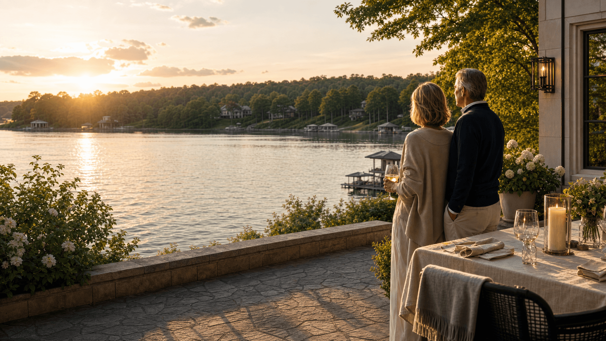 A couple stands together at the edge of a lakeside terrace at golden hour, gazing out across the still water