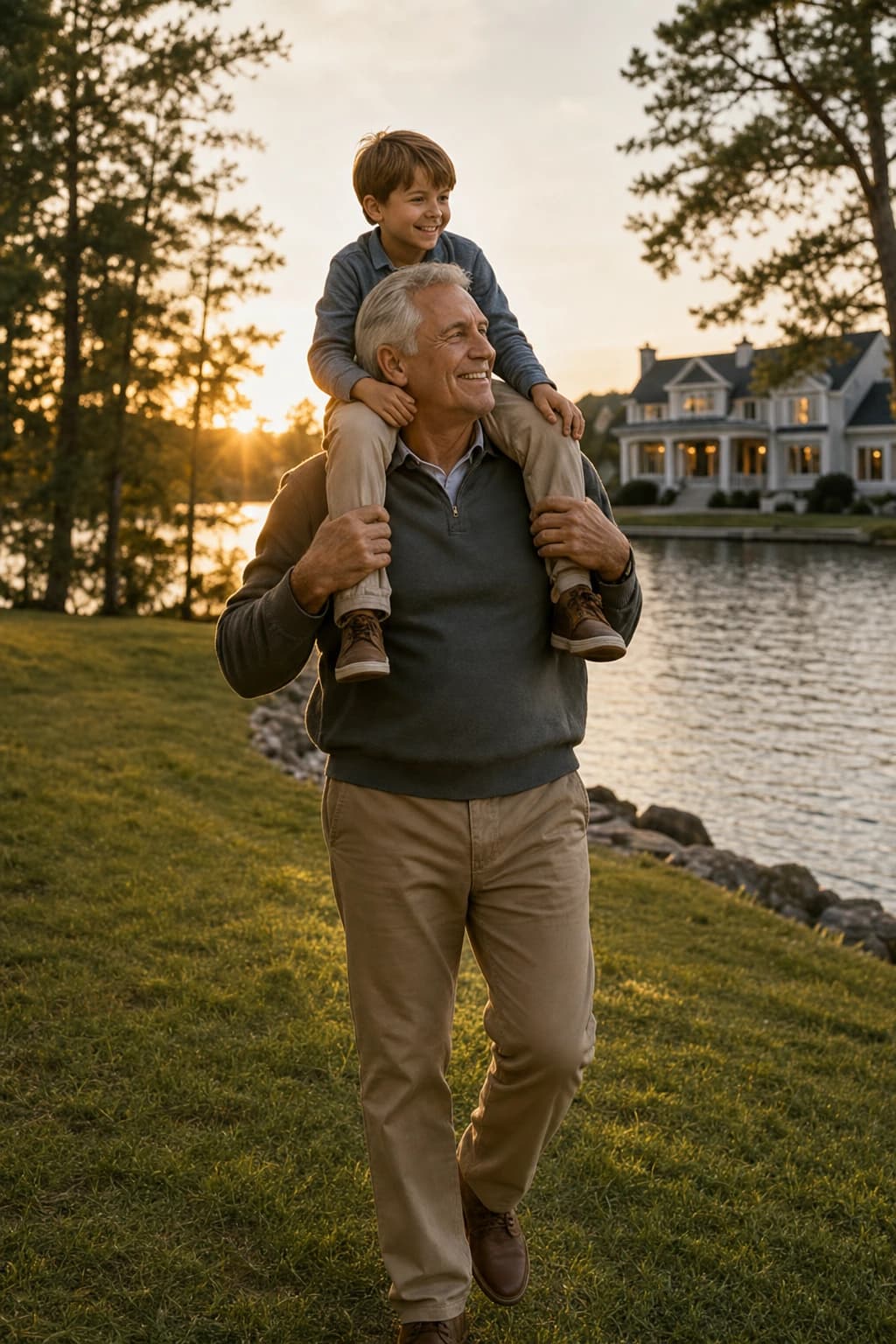 A grandfather carrying his grandson on his shoulders beside the lake at dusk