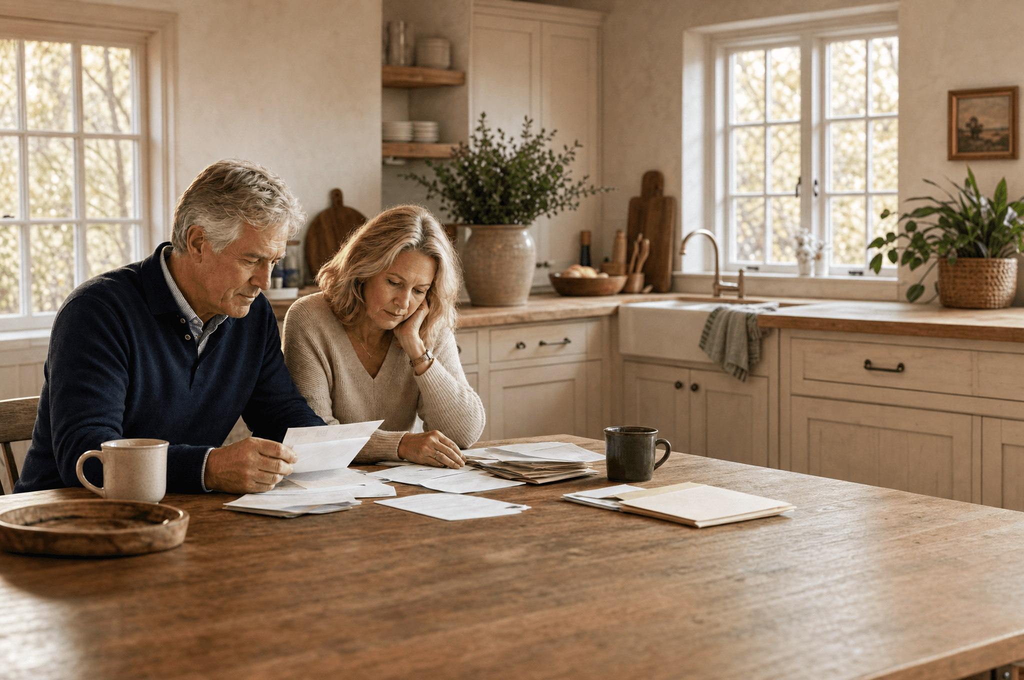 A couple at their kitchen table in warm morning light, working through a stack of financial paperwork together