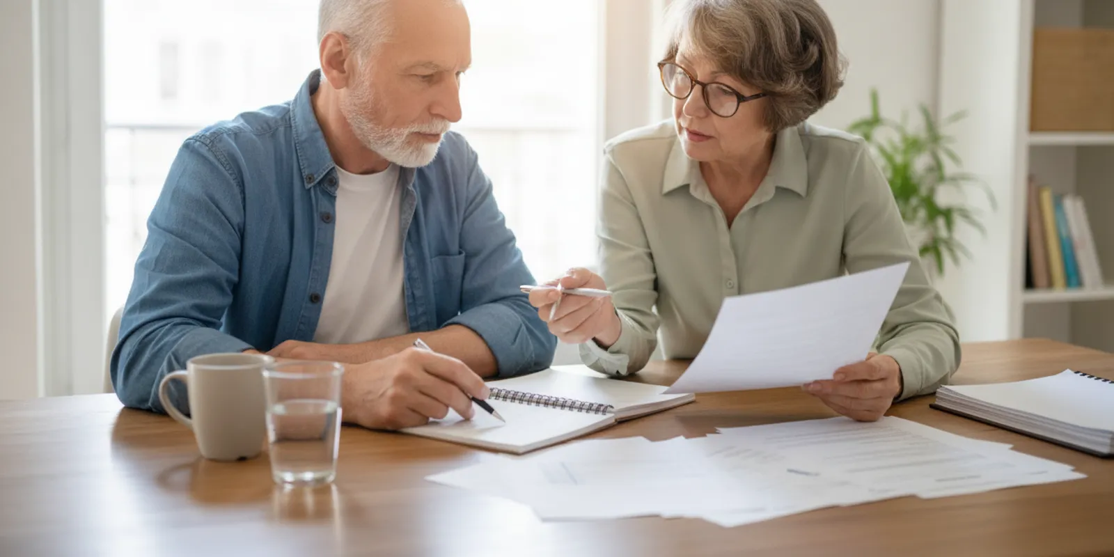 Retired couple reviewing retirement account documents at home