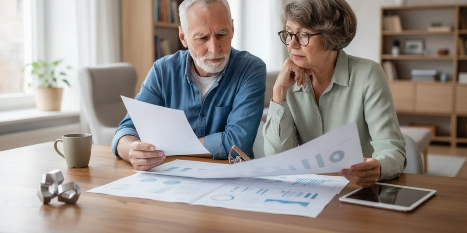 Retired couple reviewing a healthcare budget and retirement documents at home