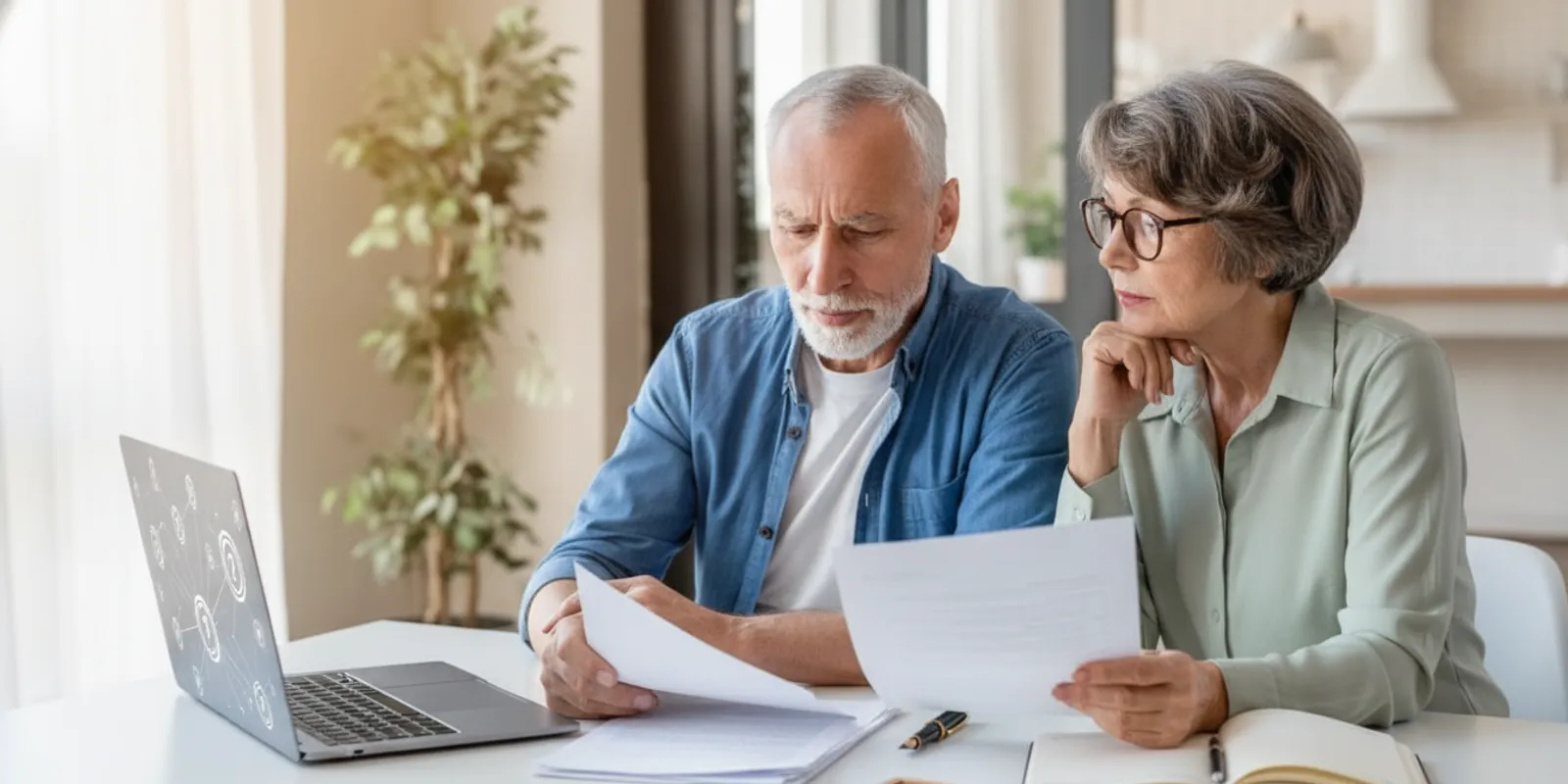 Retired couple reviewing Social Security and retirement planning documents at home