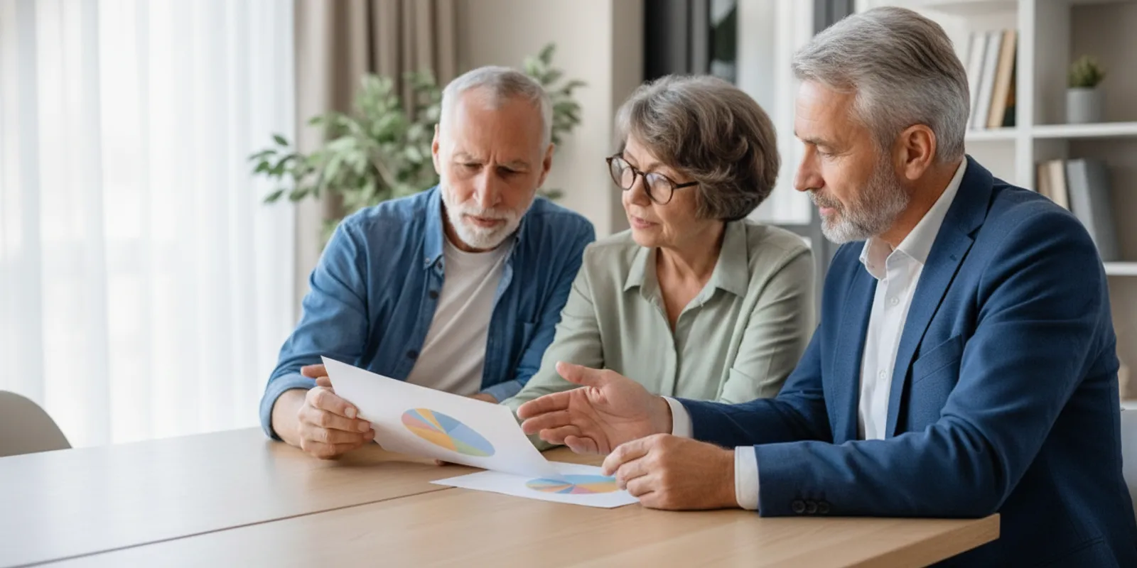 Planner reviewing a personalized investment portfolio with a couple at a desk