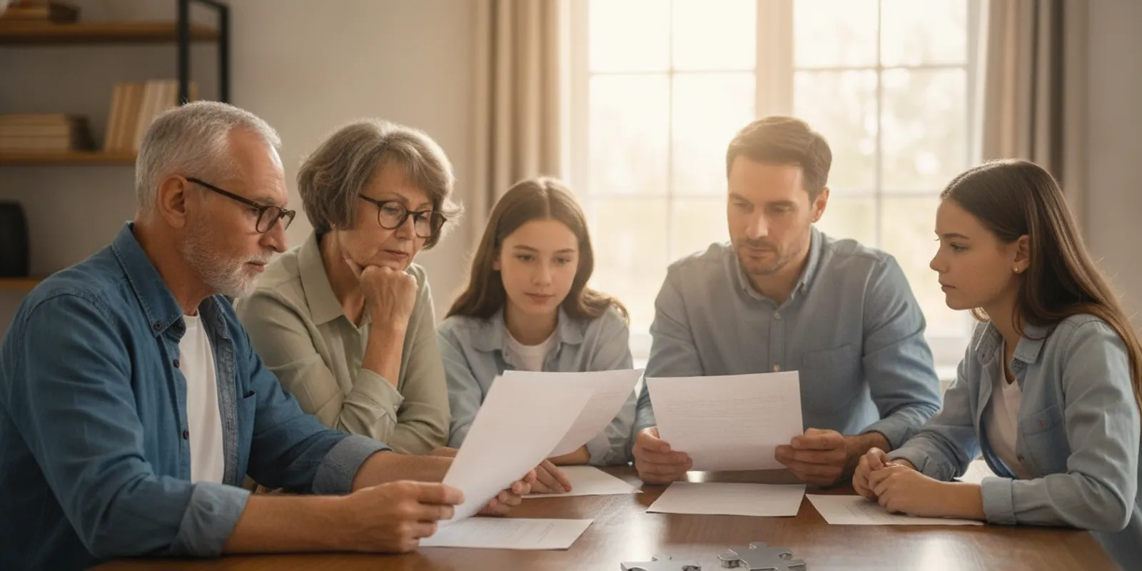 Family members reviewing estate documents together at a home table