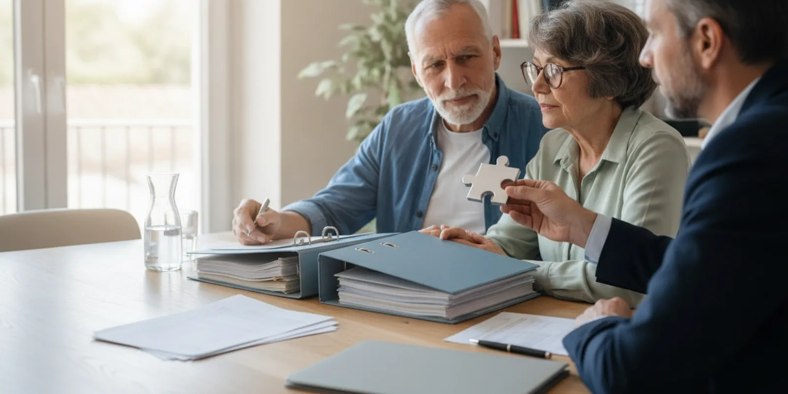 Retired couple reviewing retirement and tax documents at home