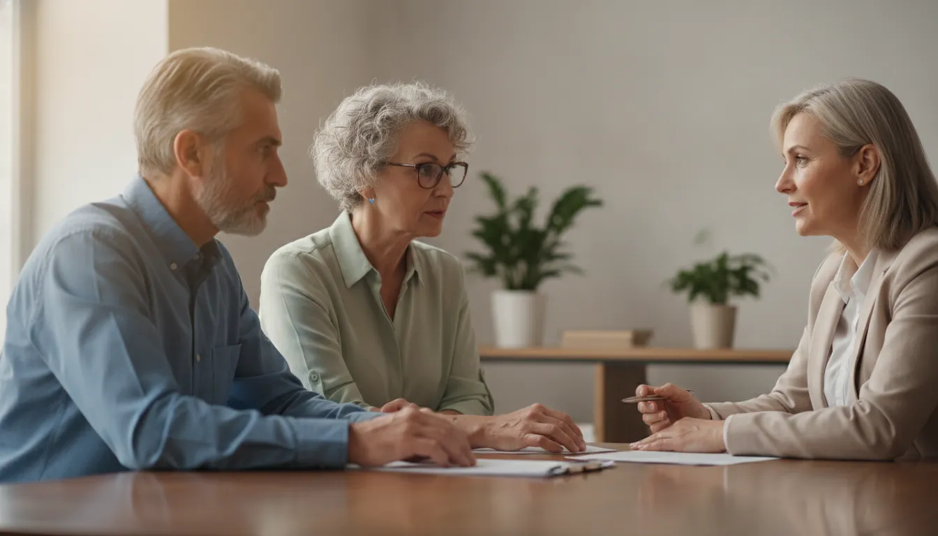 Retired couple discussing healthcare and retirement planning with a planner in a bright office
