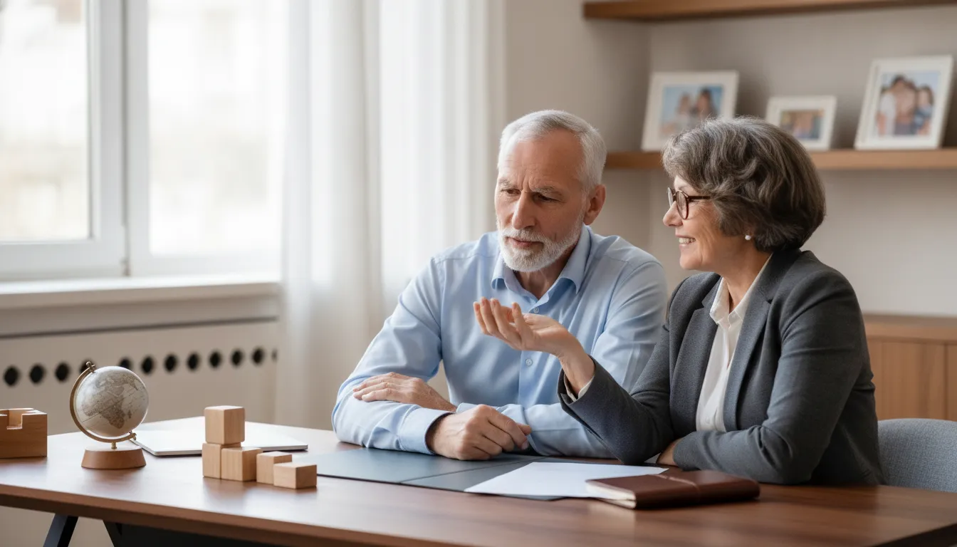 Couple reviewing retirement plans with a financial planner in a bright office