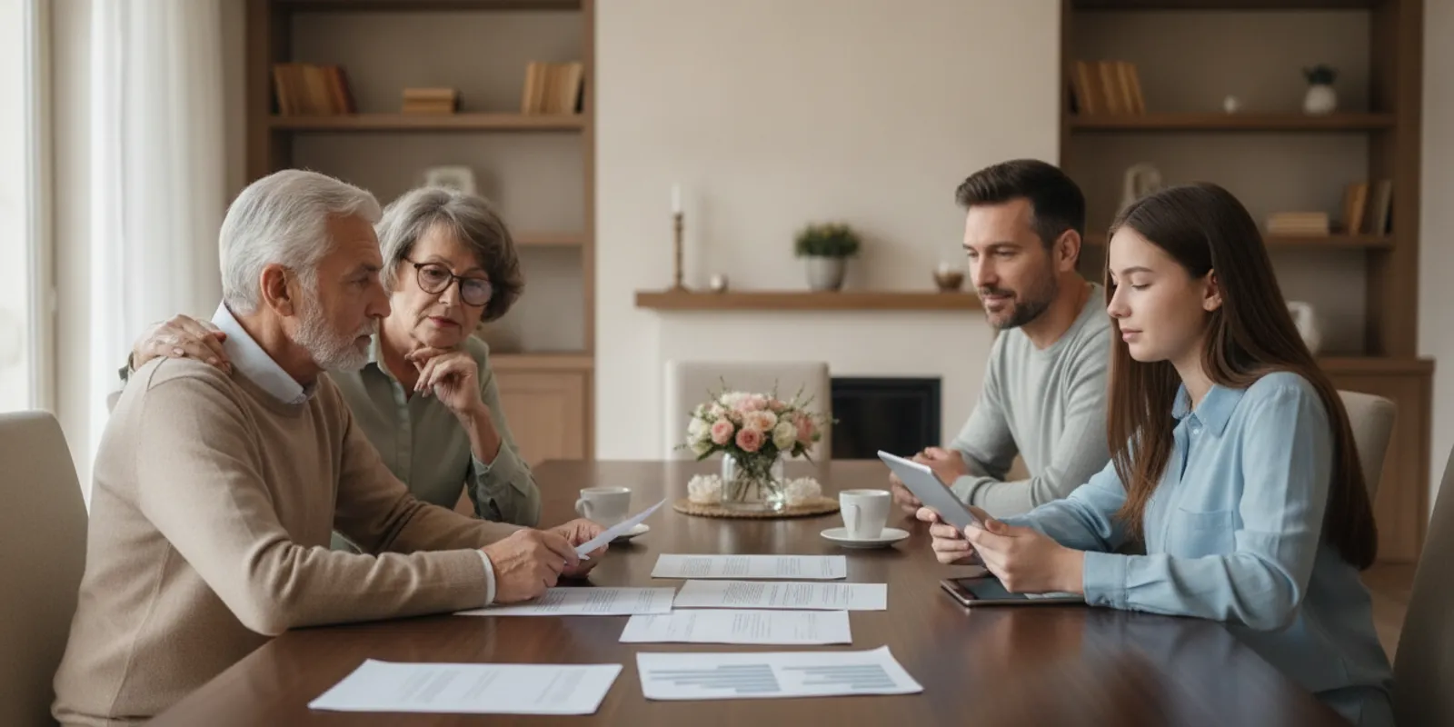 Family reviewing financial documents together at home