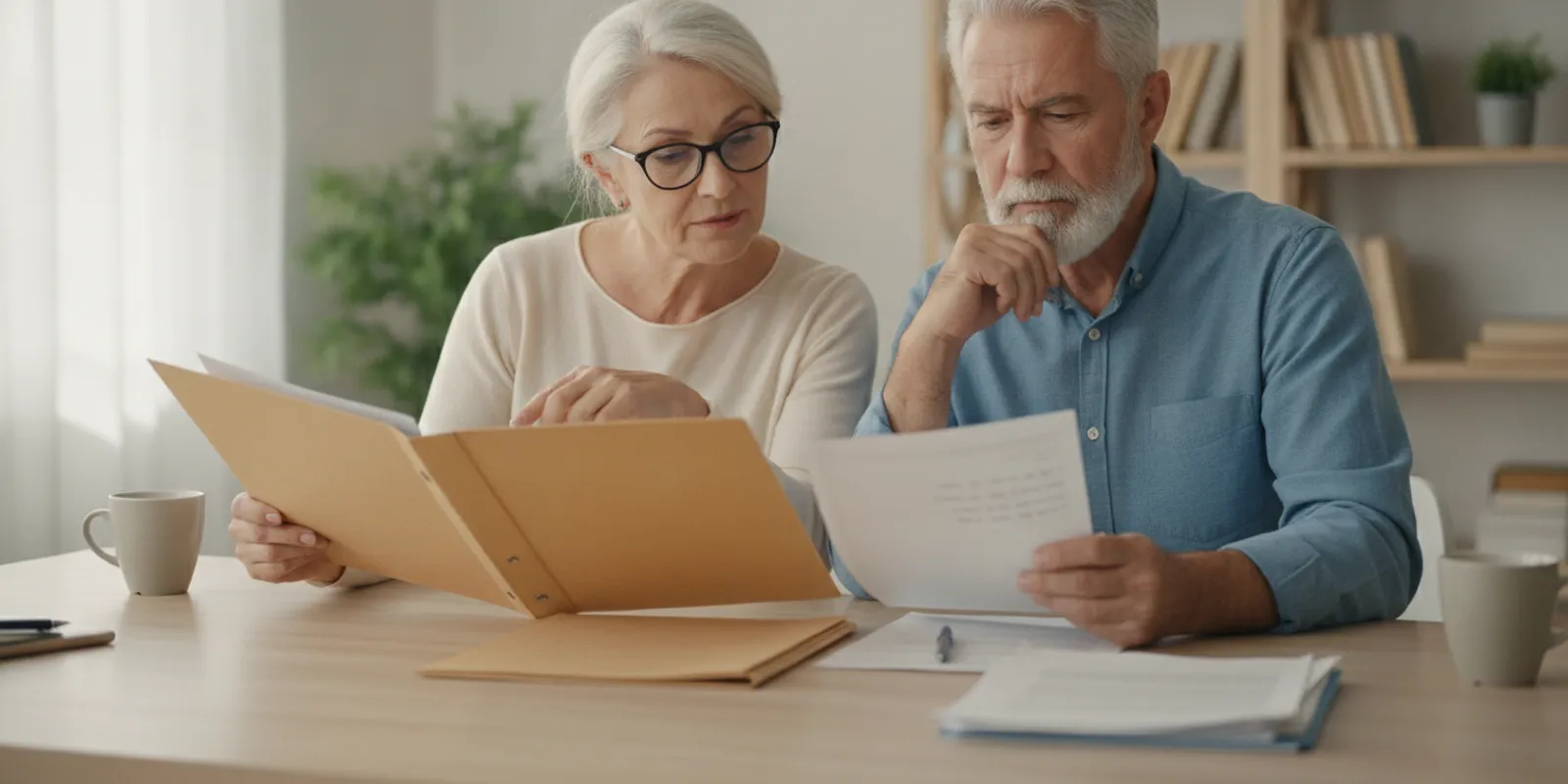A retired couple reviewing estate planning documents and retirement notes at home