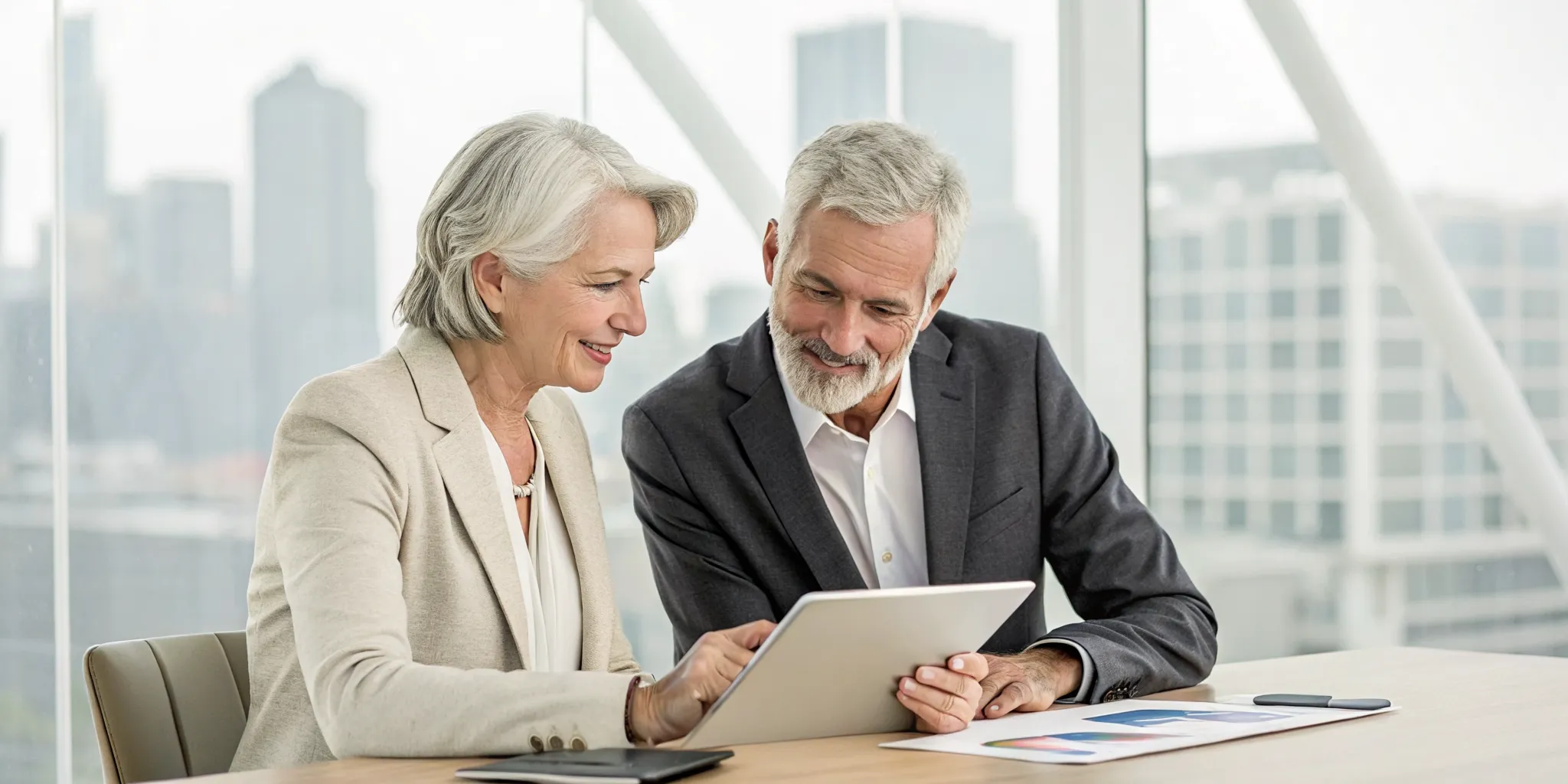 Older couple planning the best investments for retirees on a tablet.