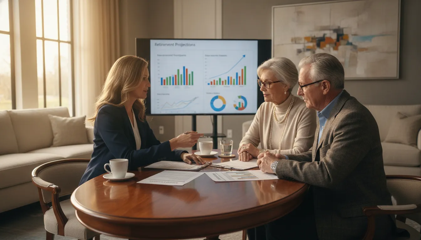 Retirement planning advisor reviewing Medicare and IRMAA documents with an affluent couple