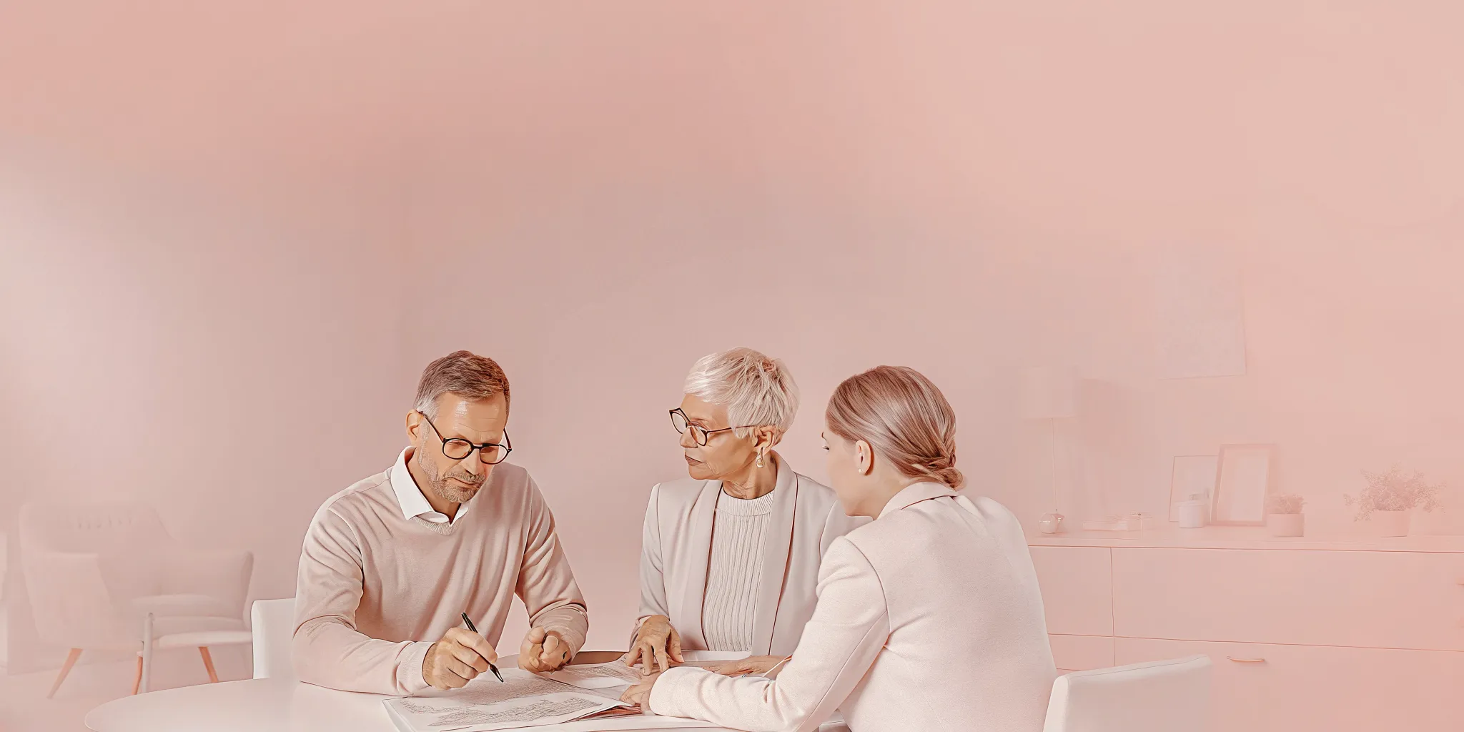 Financial advisor consulting with an affluent couple about long-term care planning documents in a bright modern office