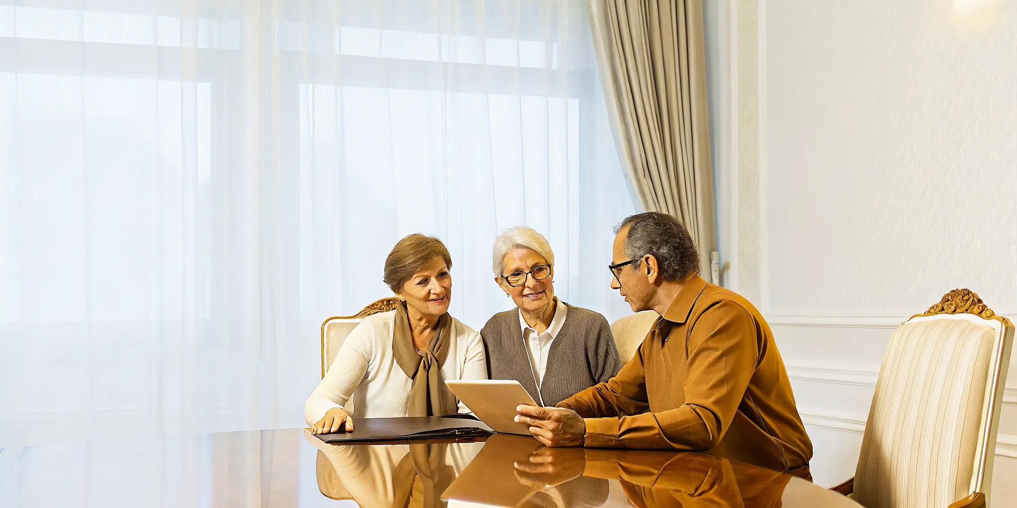 Couple meeting with a financial advisor in a warm professional office reviewing retirement healthcare plans