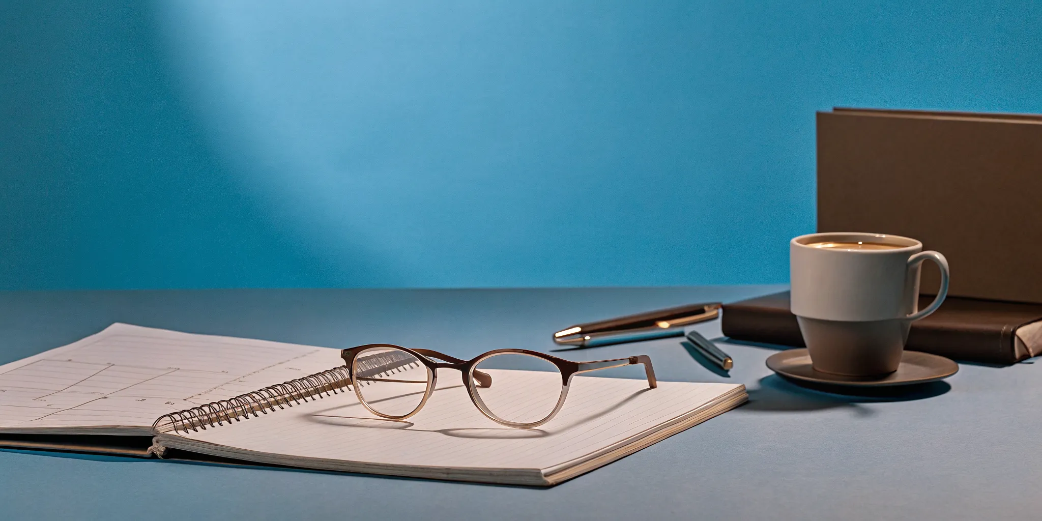 A tidy professional desk with glasses, a coffee cup, and retirement planning graphs