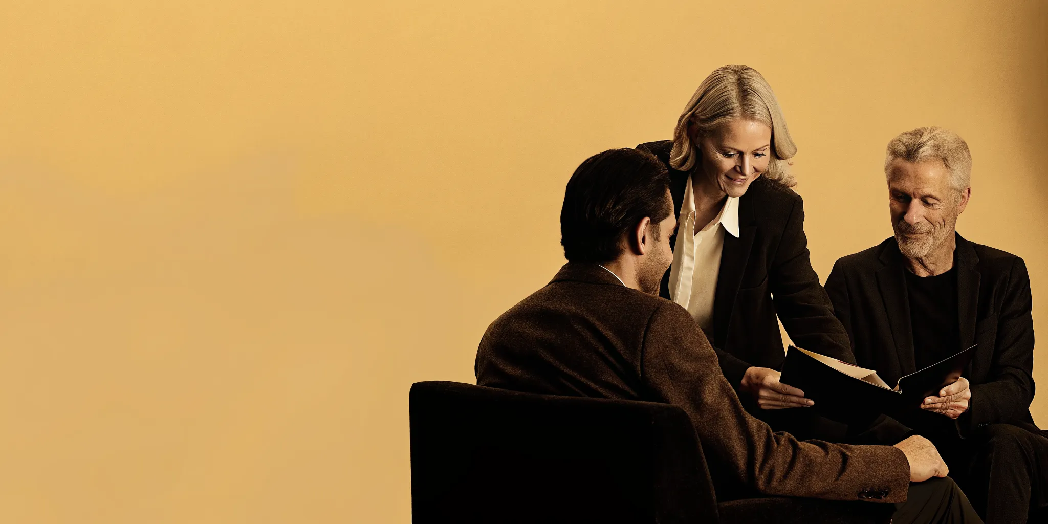 Professional financial advisor consulting with retired couple at a desk