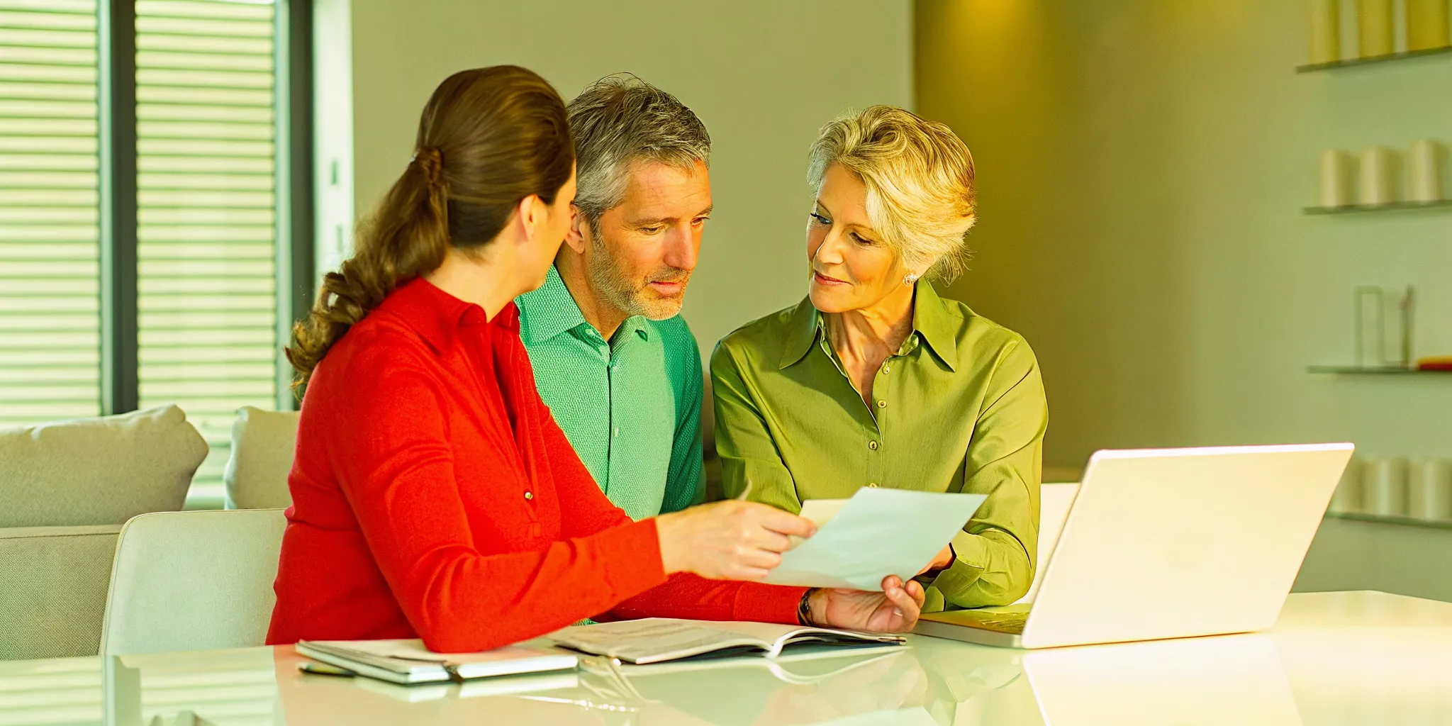 Married couple reviewing retirement documents with a financial advisor at a modern office table