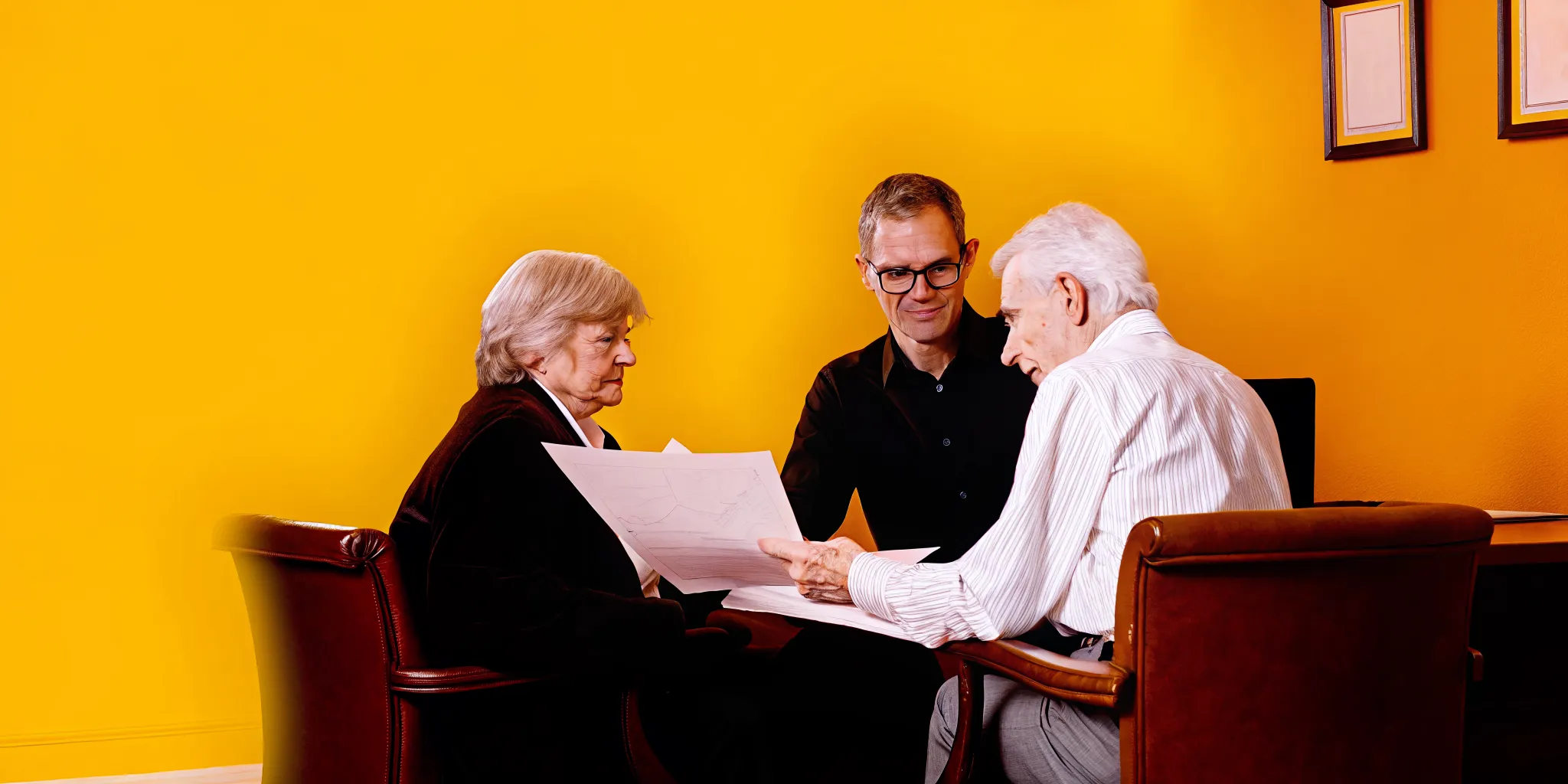 Financial advisor reviewing retirement withdrawal strategy documents with a couple in a professional office setting