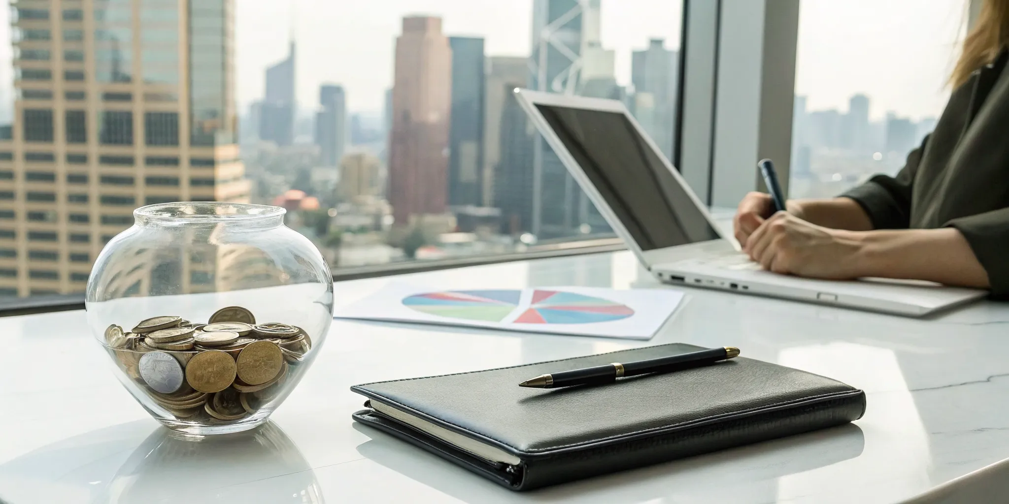 A desk with a laptop and jar of coins for planning charitable giving strategies for affluent families.