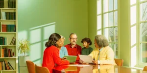 Multi-generational family meeting with a financial planner reviewing estate documents at a sunlit conference table