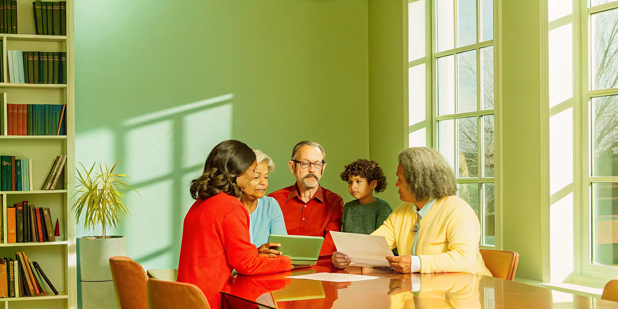 Multi-generational family meeting with a financial planner reviewing estate documents at a sunlit conference table