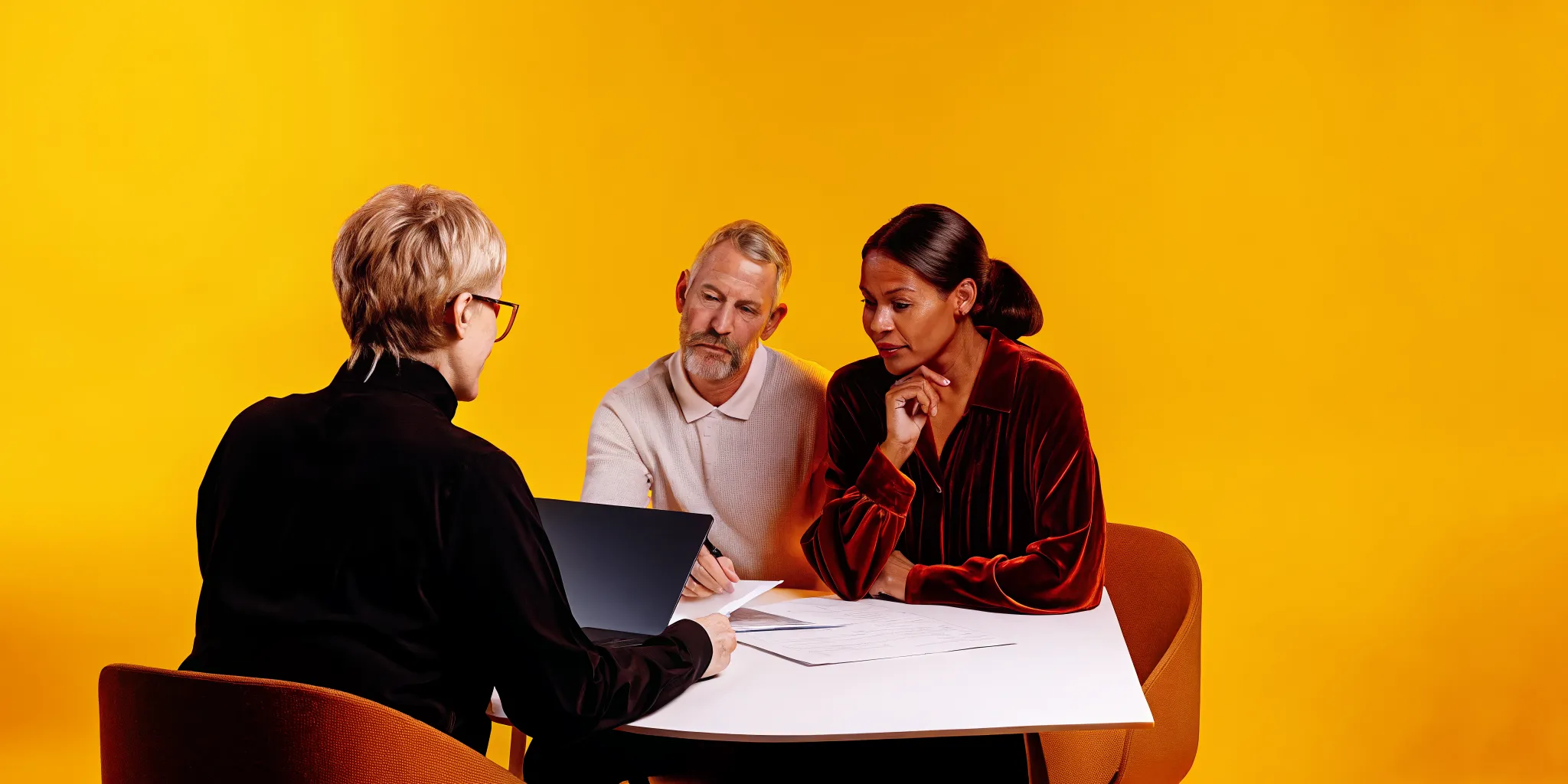 Professional financial advisor meeting with an affluent family in a modern office
