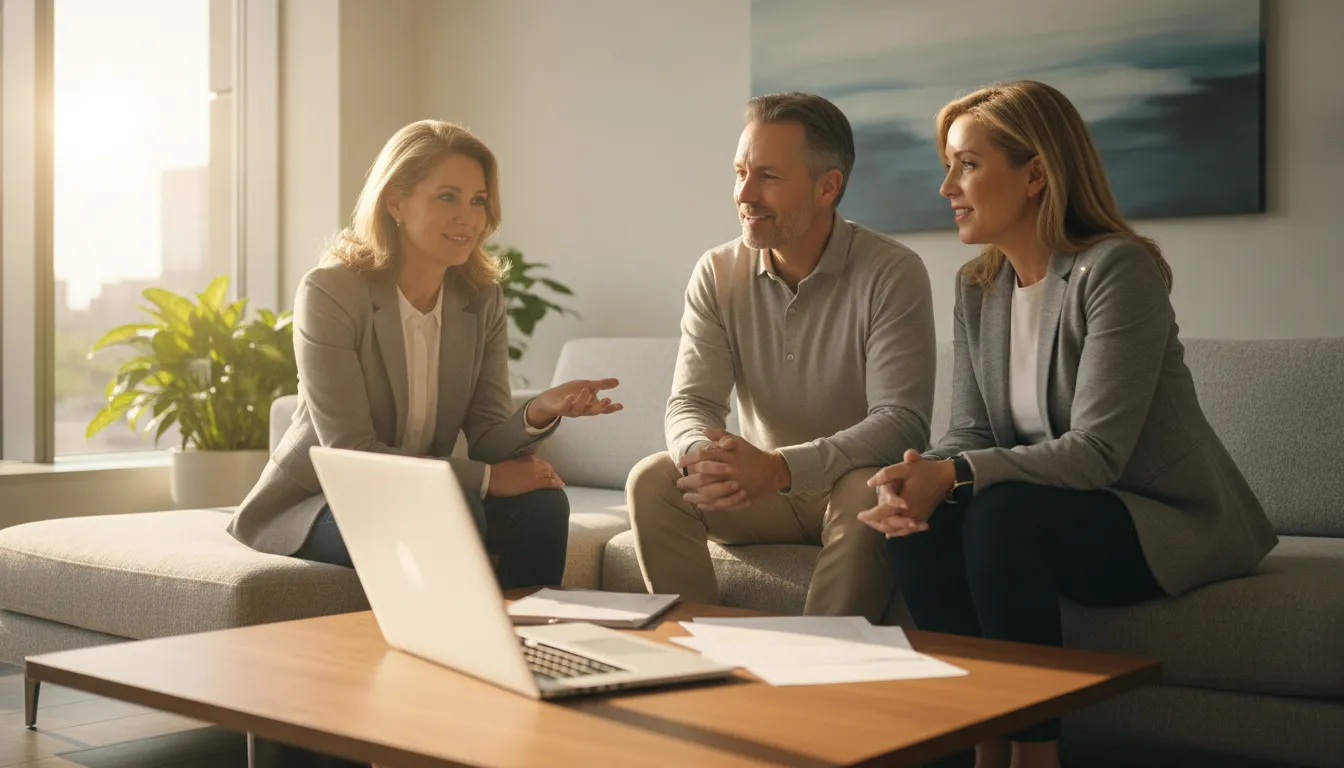 A couple in their fifties reviewing capital gains tax strategy with a financial professional in a bright modern office