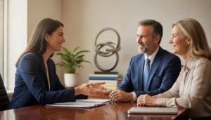 A wealth manager speaking with an affluent couple in a bright modern office about their retirement savings plan
