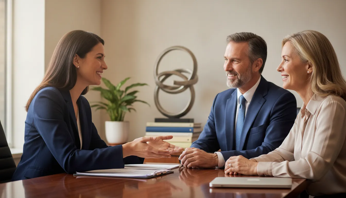 A wealth manager speaking with an affluent couple in a bright modern office about their retirement savings plan