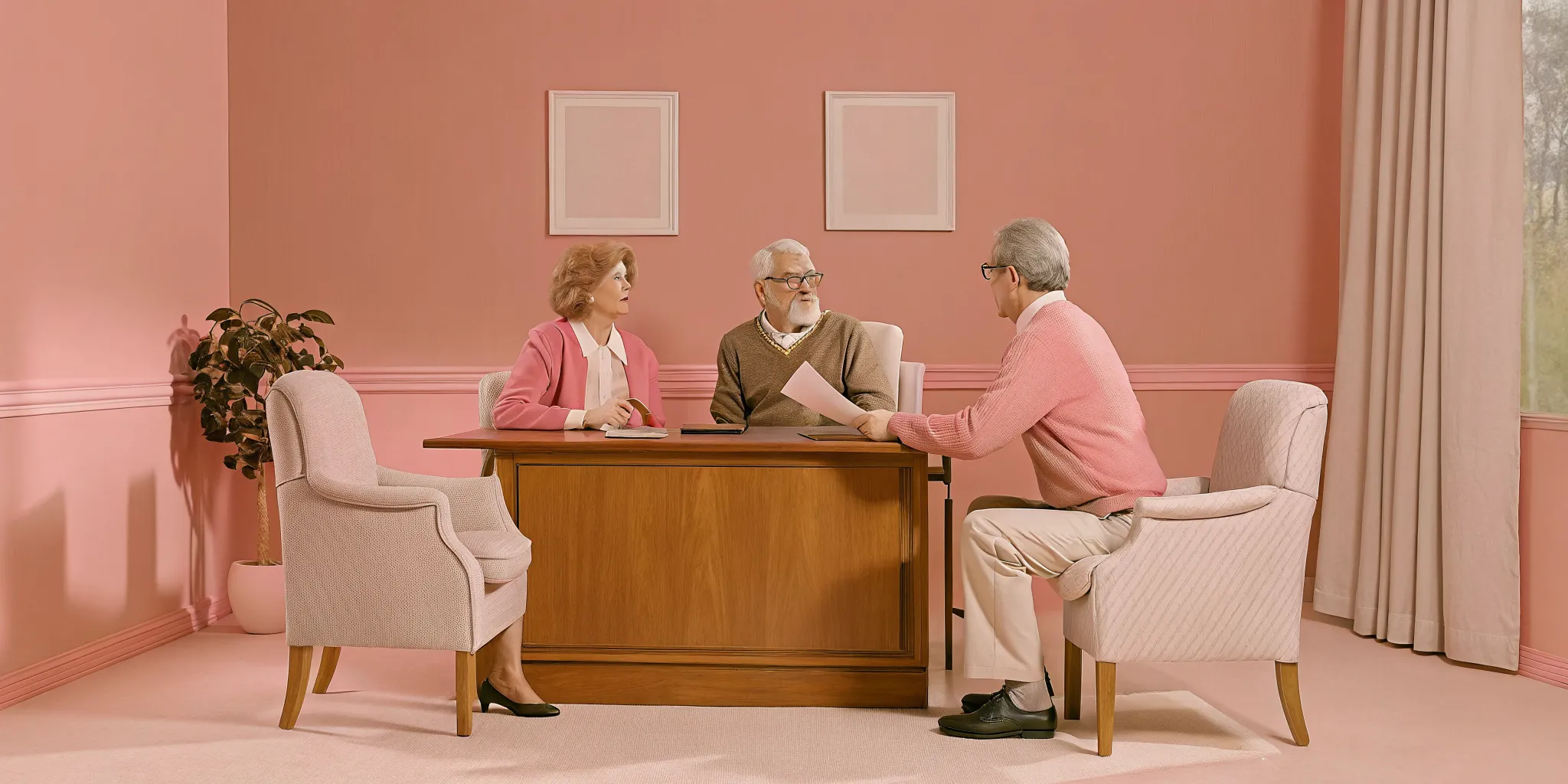 Retired couple meeting with a financial professional in a bright office, discussing charitable giving and retirement planning