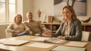 A financial planner speaking warmly with a couple reviewing retirement planning documents in a bright office