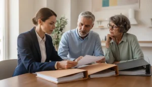 A financial professional reviewing retirement planning documents with an affluent couple in a bright, modern home office