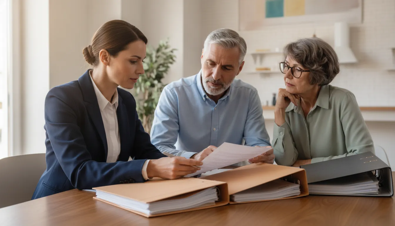 A financial professional reviewing retirement planning documents with an affluent couple in a bright, modern home office