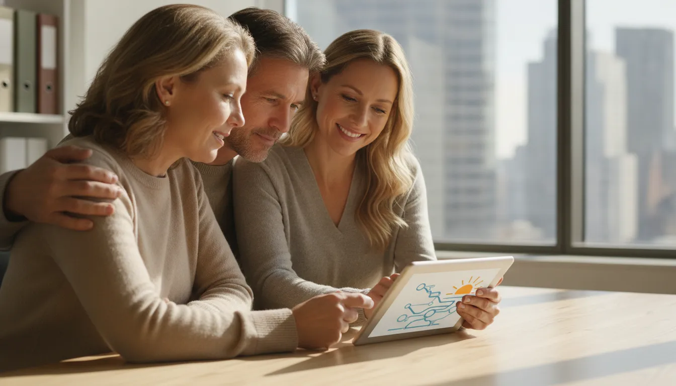 A financial professional speaking with a couple about their retirement plan in a bright office